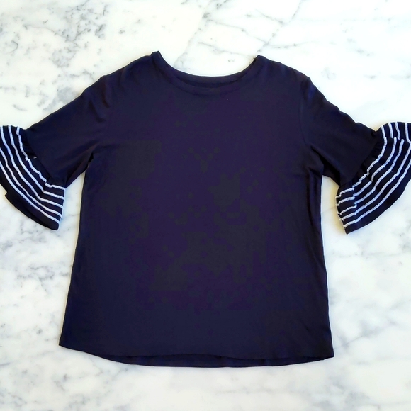 Rayon and Spandex Tee with white striped ruffle half sleeve. - Picture 3 of 4